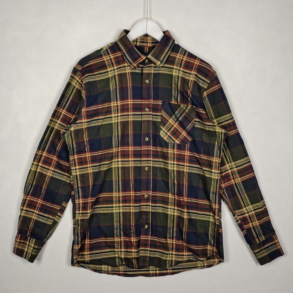 Polo Ralph Lauren Mens XL Slim Fit Plaid Cotton Stretch Button Down Shirt Navy